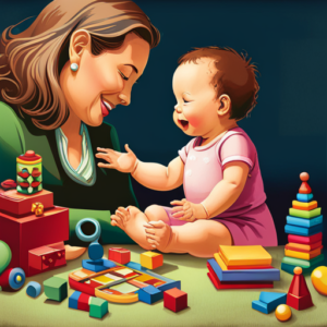 An image capturing the joy of a baby's first words: a beaming infant, toothless smile, tiny hands reaching out, surrounded by a colorful array of toys, while parents gaze with awe and pride