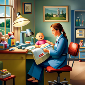 An image that depicts a brightly lit pediatrician's office, filled with colorful toys and comfortable seating