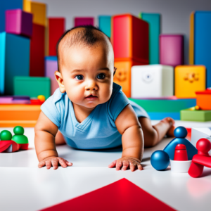 An image showcasing a baby sitting in a colorful room surrounded by toys