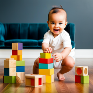 An image capturing the joyous moments of a baby's milestones guide: a tiny hand reaching for a colorful stack of blocks, a toothless grin while taking first steps, and a curious gaze exploring a world of toys