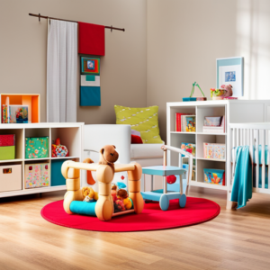 An image of a bright and colorful nursery, adorned with soft plush toys and a cozy play mat