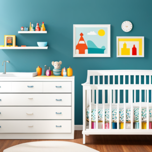 An image showcasing a colorful nursery with a diaper changing station, bottles, toys, and a chart of sleep, feeding, and play times