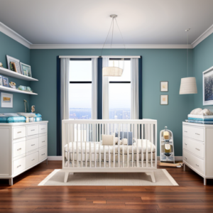 An image showcasing a well-lit nursery with a sturdy crib, a baby monitor on a nearby shelf, outlet covers, cabinet locks, corner guards, a safety gate, and a first aid kit tucked discreetly in the background