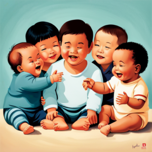 An image showcasing a group of smiling babies engaging in face-to-face interactions, exchanging toys, and mirroring each other's expressions, highlighting the importance of early social development and fostering connections