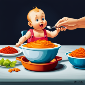 An image capturing the joy of mealtime with a baby, featuring a vibrant, colorful highchair covered in mashed sweet potatoes, tiny hands playfully exploring the smooth texture, and a spoon mid-air, ready to dive into the next delicious bite