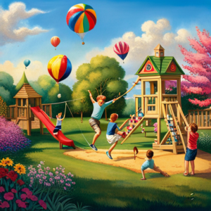An image of a vibrant backyard bursting with laughter and excitement, showcasing children engaged in a thrilling water balloon fight, swinging on a tire swing, and soaring down a colorful slide