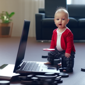 An image depicting a mother wearing a professional suit, multitasking with a laptop on one hand and a baby in the other, while a mobile cradle and a stack of files symbolize the juggling act of balancing work and infant care