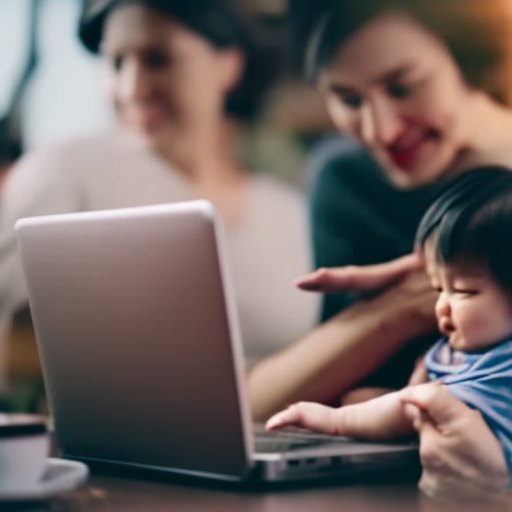 An image capturing a parent tenderly cradling their sleeping infant in one arm, while the other hand effortlessly multitasks between typing on a laptop and holding a coffee mug, symbolizing the delicate juggling act of work and nurturing