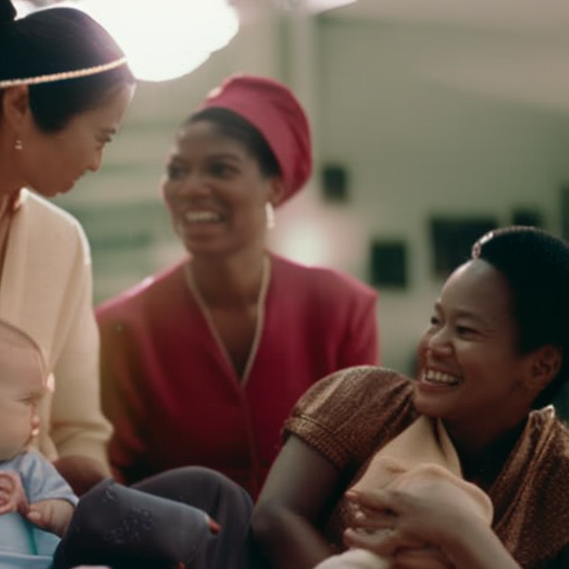 An image showcasing a group of diverse individuals surrounding a mother and her infant, portraying a strong support network