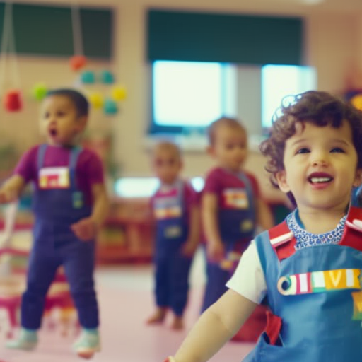 An image showcasing a sunny, vibrant daycare center with cheerful and attentive caregivers engaging children in various activities, while parents confidently drop off their infants, symbolizing reliable childcare options for balancing work and infant care