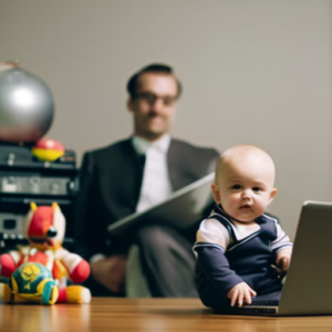 An image that captures the juggling act of a parent holding a briefcase in one hand, a baby in the other, while a laptop rests on their lap, surrounded by toys and a clock ticking in the background