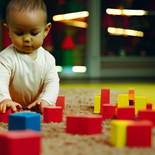 An image capturing a curious toddler, furrowing their brow in deep concentration as they methodically stack colorful building blocks, showcasing their problem-solving skills and decision-making abilities
