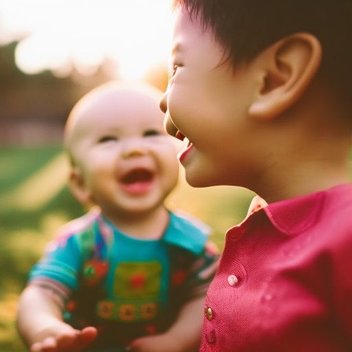 An image showcasing a toddler giggling joyfully while playing with a friend, displaying their developing social and emotional skills