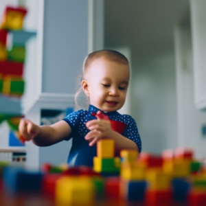 An image showcasing a toddler building a tower of blocks, giggling with delight as they carefully place each block on top of the other, symbolizing the achievement of mastering fine motor skills and problem-solving abilities