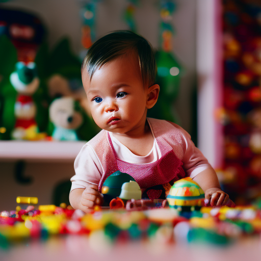 An image capturing the essence of a toddler lost in imaginative play, surrounded by a colorful array of toys, their eyes wide with wonder as they mimic everyday scenarios and bring their toys to life
