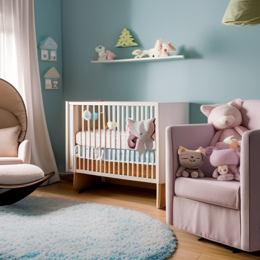 An image illustrating a modern nursery with a sleek, convertible crib surrounded by soft, pastel-colored bedding