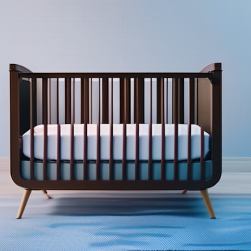 An image showing a sleek, modern baby crib with sturdy, non-toxic materials, adjustable mattress height, wide slats, and rounded corners