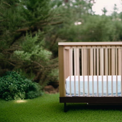 An image showcasing a modern, sleek baby crib made from reclaimed wood, featuring non-toxic finishes and recyclable materials