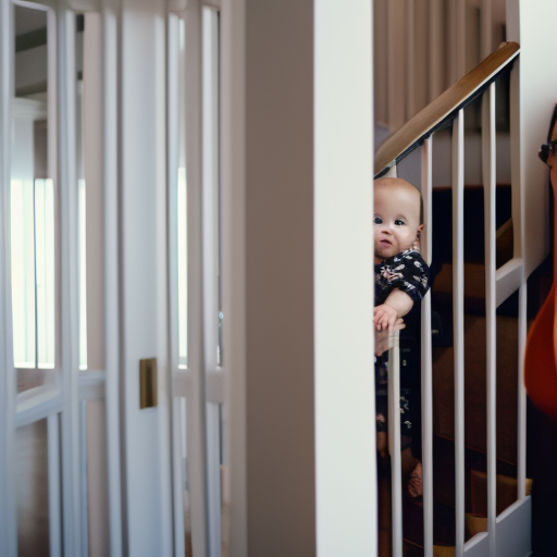 An image showcasing a modern, sleek baby safety gate installed at the top of a staircase, with a happy toddler on one side and a serene parent watching over them from the other side