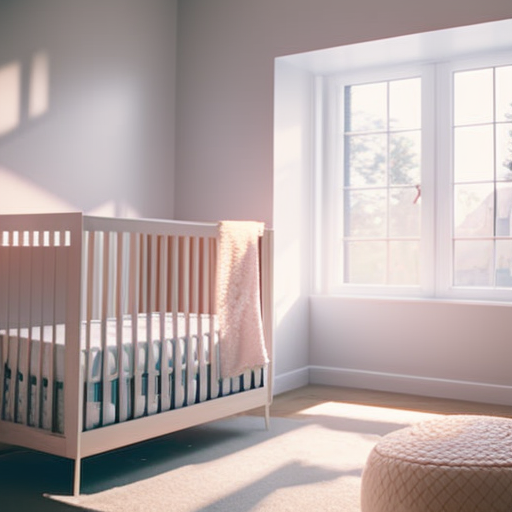 An image showcasing a luxuriously designed nursery, with a sleek, modern crib adorned with soft, pastel bedding
