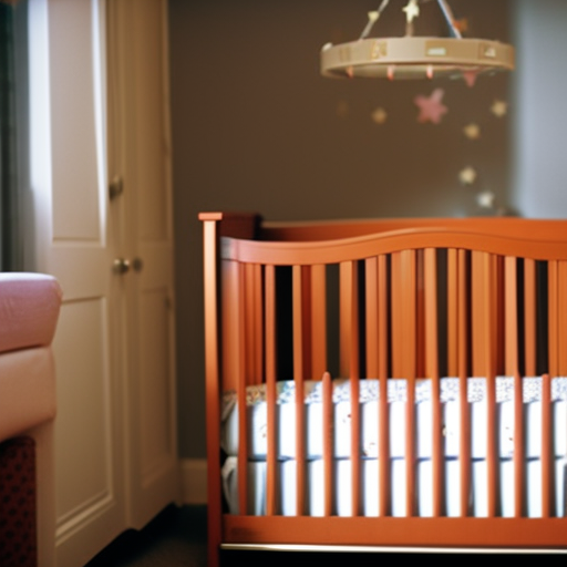 An image showcasing a convertible crib in a nursery setting, with a sleek design that effortlessly transforms from a crib to a toddler bed, utilizing adjustable heights and innovative safety features for growing babies