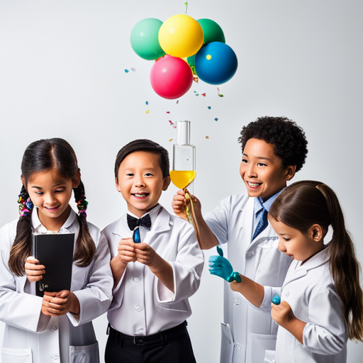 An image of a group of mesmerized children in lab coats, enthusiastically pouring colorful liquids into test tubes, while a burst of confetti-filled balloons adds a festive touch to the science-themed birthday party