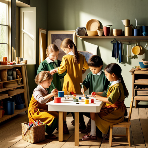 An image of a vibrant, sunlit room filled with children wearing smocks, engrossed in painting, sculpting, and crafting unique masterpieces, surrounded by shelves lined with colorful art supplies and finished artworks