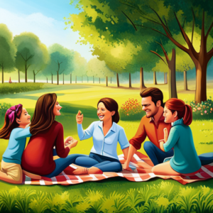 An image showcasing a warm, sunlit park where a diverse family joyfully engages in a picnic, their smiling faces framed by vibrant greenery, while playing games, laughing, and forming lifelong connections