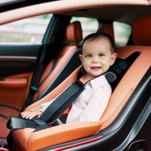 An image showcasing a well-equipped car booster seat, with adjustable headrest, padded armrests, and a secure 5-point harness
