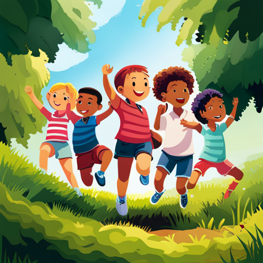 An image showcasing a diverse group of children engaged in outdoor activities, surrounded by lush greenery and sunshine