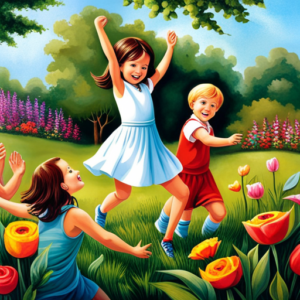 An image featuring a vibrant, diverse group of children playing joyfully outdoors, surrounded by lush greenery and bright flowers