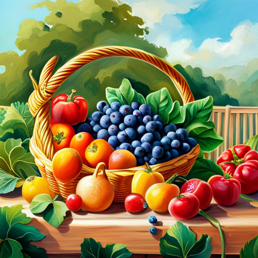 An image showcasing a vibrant, bountiful fruit and vegetable basket overflowing with an assortment of colorful produce, including grapes, oranges, spinach, bell peppers, and blueberries, evoking health and vitality