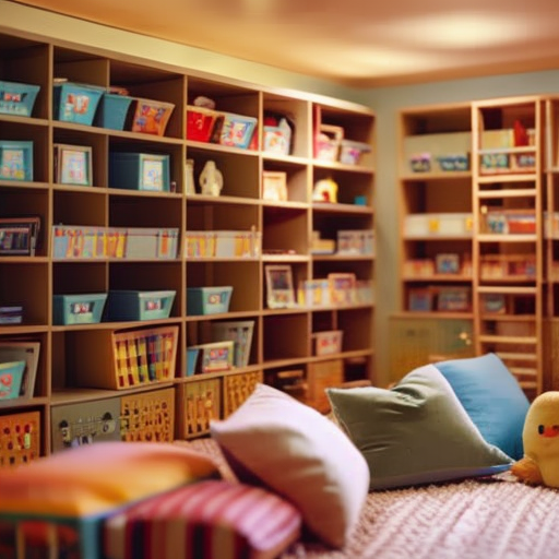 An image of a colorful playroom with shelves filled with educational toys, a mini library with books, a wall covered in alphabet and number charts, and a cozy reading nook with pillows and a soft rug