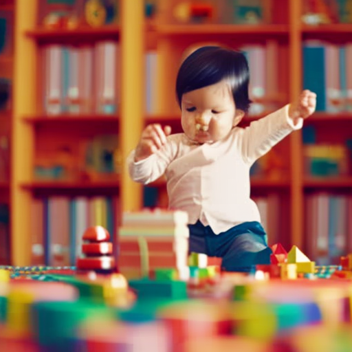  the joy of discovery as a toddler engages in imaginative play, surrounded by colorful books, building blocks, and a variety of language-enhancing toys