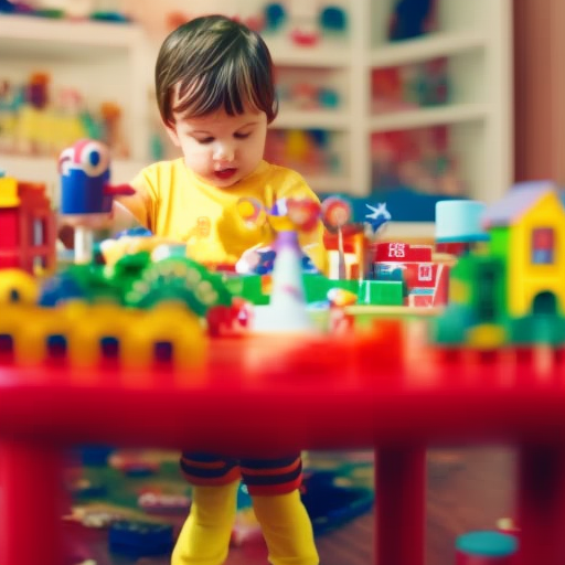 An image showcasing a vibrant playroom filled with a diverse array of toys, including dress-up clothes, building blocks, and art supplies