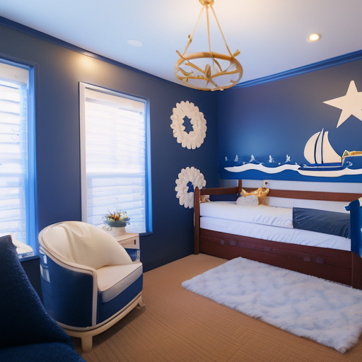 An image showcasing a sophisticated boy crib adorned with a nautical theme, featuring a charming sailboat mobile, navy blue bedding with anchor motifs, and a hand-painted mural of ocean waves on the wall