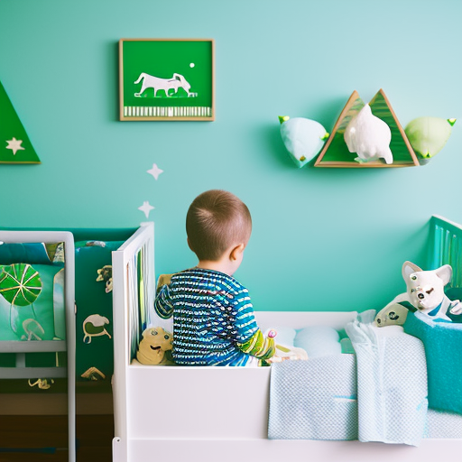 an image showcasing a modern boy crib with a sleek white frame, adorned with playful blue and green geometric patterns on the bedding, complemented by a cute mobile featuring whimsical safari animals