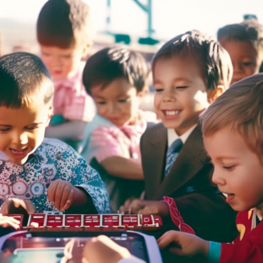 An image featuring a group of young children gathered around a vibrant, interactive learning station, their faces beaming with delight as they eagerly explore and engage with educational materials that spark their curiosity and joy