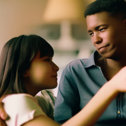 An image depicting a parent and a teen sitting face-to-face on a cozy couch, their eyes locked with genuine interest, as the parent listens attentively, hands gently resting on the teen's shoulder