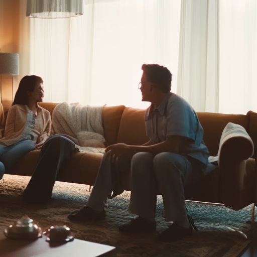 An image that captures a warm and inviting living room, where a parent and teen sit side by side on a cozy couch engaged in an open conversation, radiating trust, acceptance, and understanding