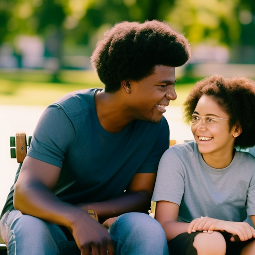 An image of a parent and a teen engaging in open conversation, sitting on a park bench