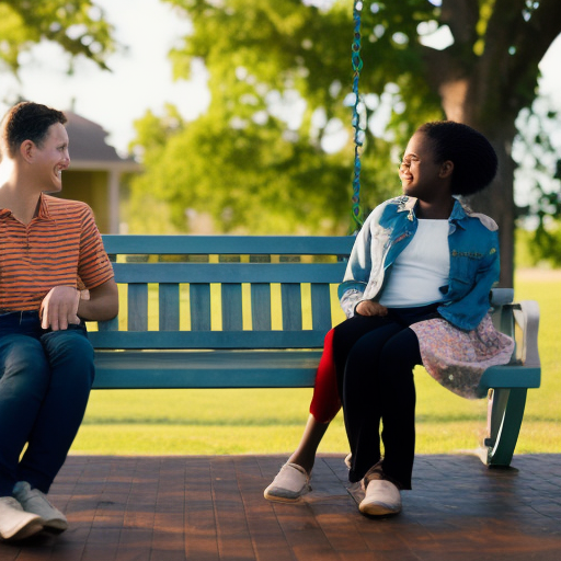 An image showcasing a parent and a teenager engaged in a friendly conversation, sitting on a porch swing together