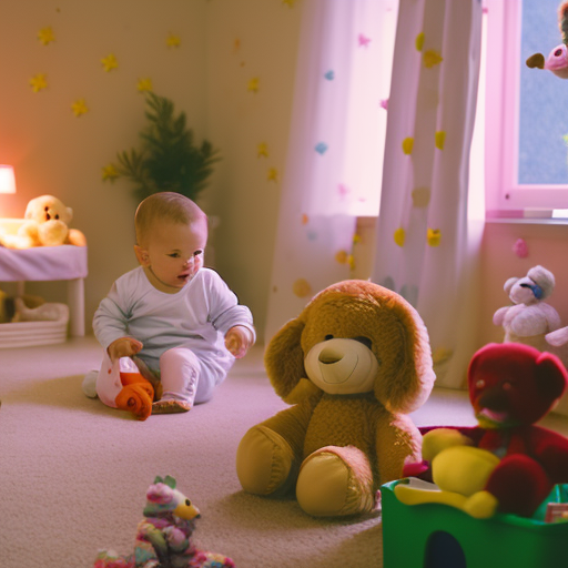 An image of a peaceful nursery with a baby sitting alone, engrossed in a sensory activity, surrounded by soft toys and a mobile above, reflecting a serene atmosphere conducive to developing self-regulation and coping skills