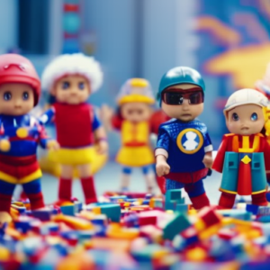 An image of a diverse group of preschoolers sitting in a circle, their eyes sparkling with wonder, as they use colorful blocks, crayons, and dress-up costumes to build an imaginary world filled with castles, animals, and superheroes