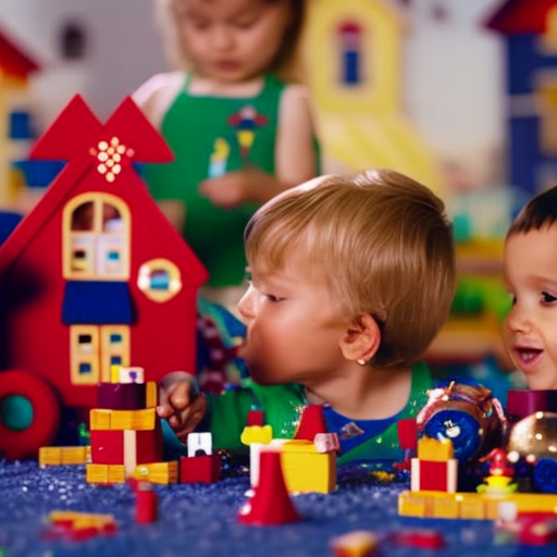 An image showcasing preschoolers fully engaged in imaginative play, with a diverse group of children constructing a vibrant and imaginative world using building blocks, costumes, and props, sparking creativity and problem-solving skills