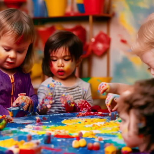 An image of a group of preschoolers gathered around a colorful art table, their hands covered in paint as they eagerly and enthusiastically mold clay, paint pictures, and construct imaginative sculptures using various materials