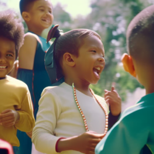 An image featuring a group of diverse children engaged in various activities like playing sports, having conversations, and laughing together, showcasing their confident body language and friendly expressions