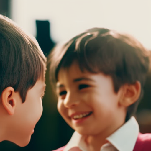 An image of two children engaged in a friendly conversation, maintaining eye contact, using open body language, and actively listening