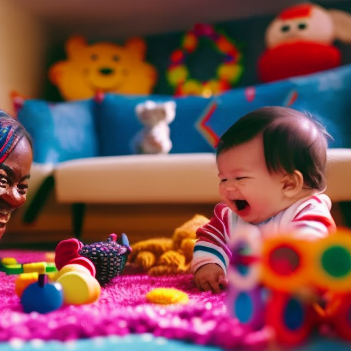An image showcasing a parent and an infant laughing joyfully while playing with colorful toys on a soft, vibrant rug