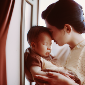 An image showcasing a parent tenderly cradling their newborn against a backdrop of warm sunlight filtering through a nursery window, illuminating their faces and highlighting their unbreakable bond